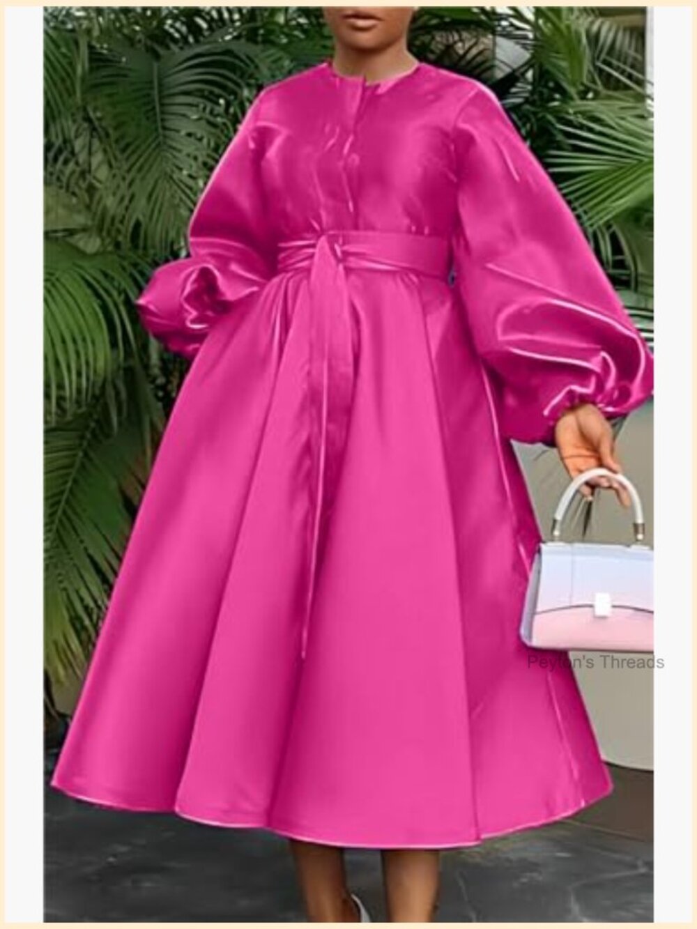 Women's Satin Long Sleeve A Line Maxi Dress with Belt Pockets - Picture 4 of 5